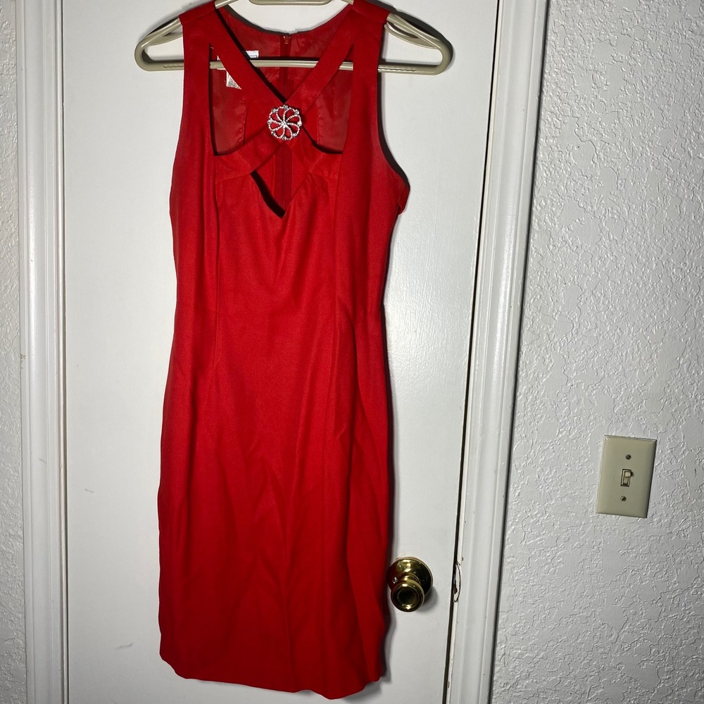 Jessica McClintock Gunne Sax Red Vintage Cocktail‎ Dress Rhinestone Brooch 9/10